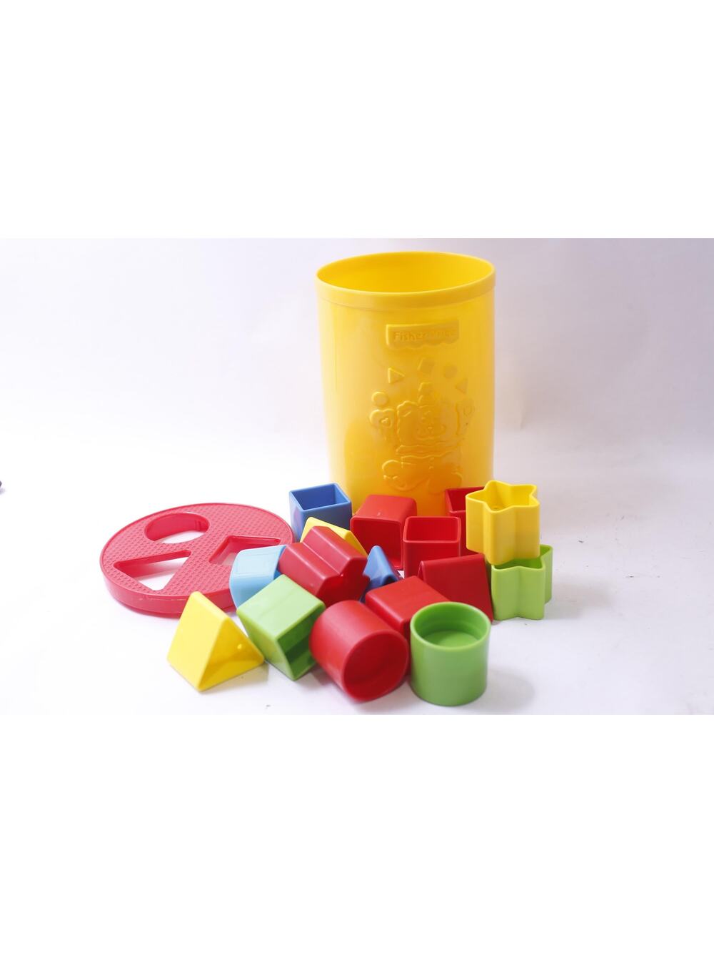 1980s Fisher-Price, First Blocks, Shape Sorter, Plastic, cylinder, box yellow